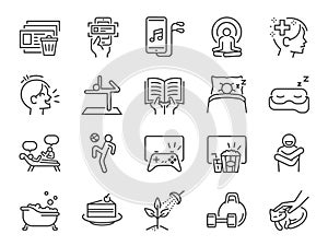Self-care during self quarantine line icon set. Included icons as take care of your mind,Â mental health and